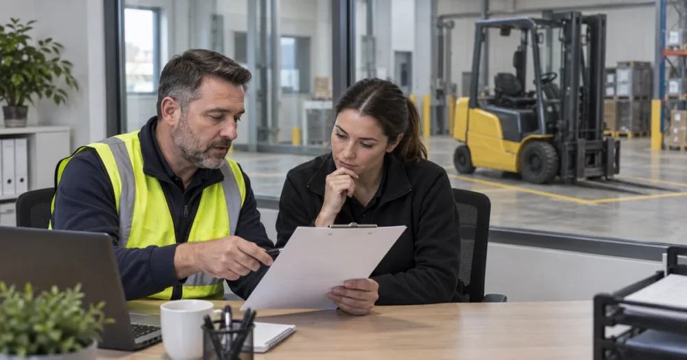 Två arbetsledare granskar handlingar med en parkerad truck bakom glas